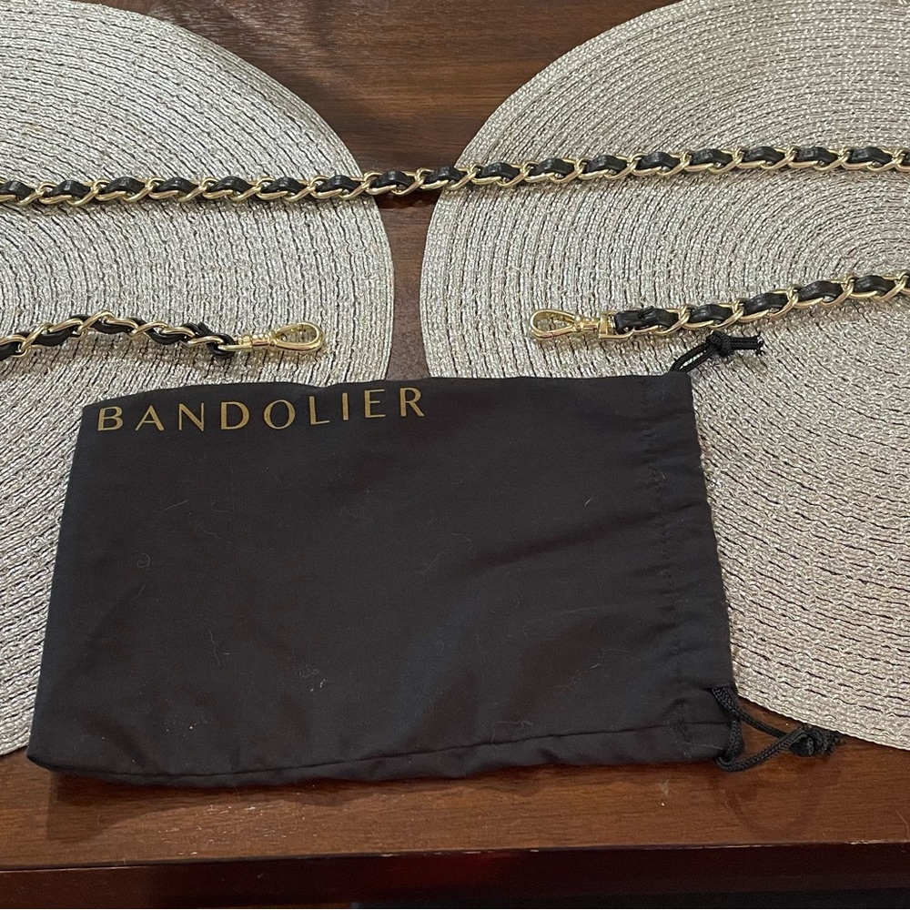 Bandolier Black Leather and Gold Tone Chain Strap. NWOT 52 inches long.